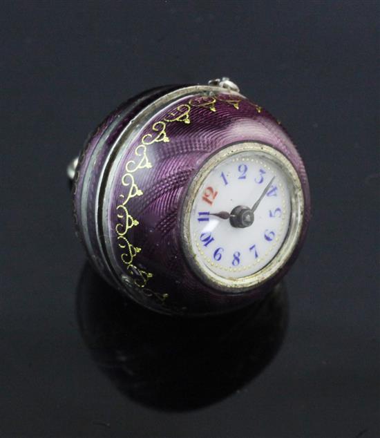 An early 20th century Swiss silver and amethyst guilloche enamel globe fob watch, 1in.